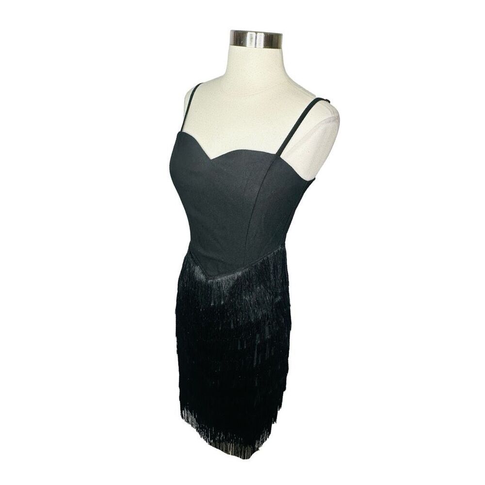 Unique Vintage Black Chevron Fringe Pencil Dress - Size Medium - Picture 3 of 7